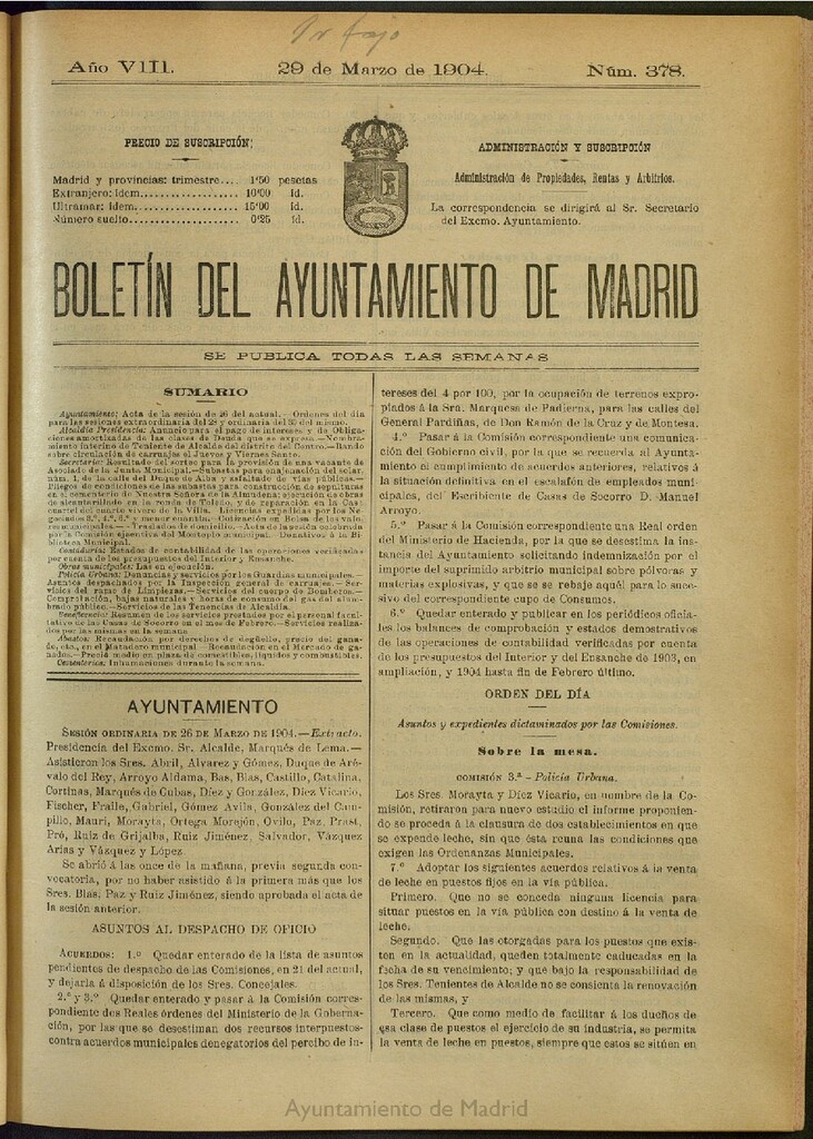 Miniatura de Boletín Oficial del Ayuntamiento de Madrid del 29 de marzo de 1904, nº 378