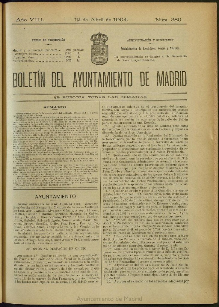 Miniatura de Boletín Oficial del Ayuntamiento de Madrid del 12 de abril de 1904, nº 380