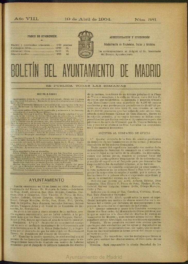 Miniatura de Boletín Oficial del Ayuntamiento de Madrid del 19 de abril de 1904, nº 381