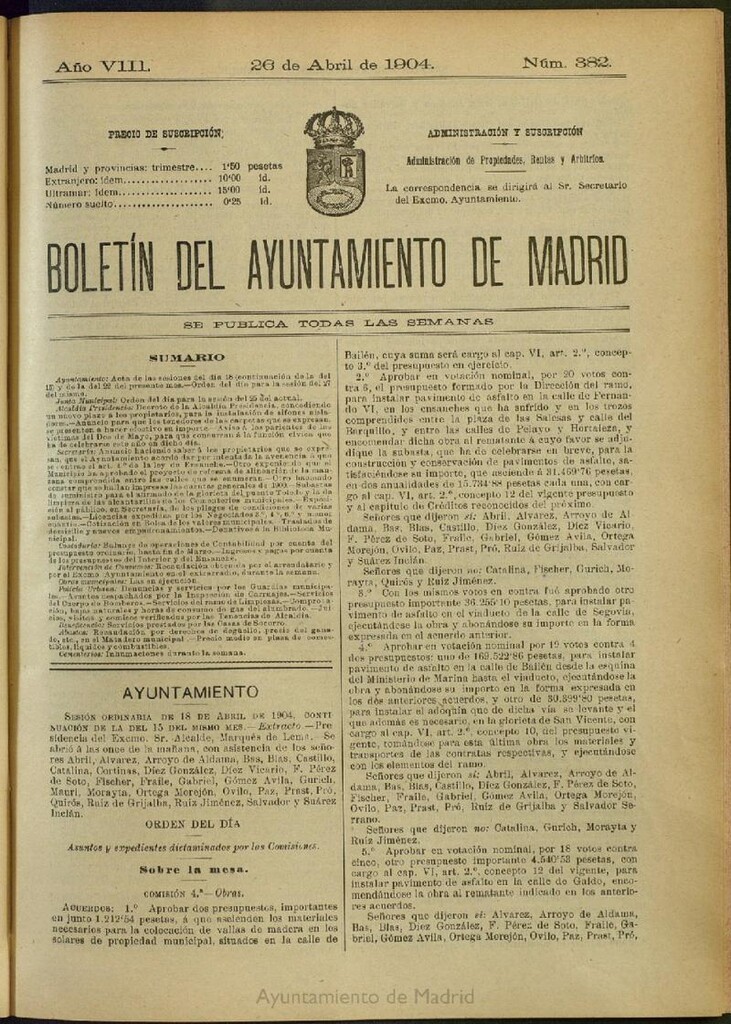 Miniatura de Boletín Oficial del Ayuntamiento de Madrid del 26 de abril de 1904, nº 382