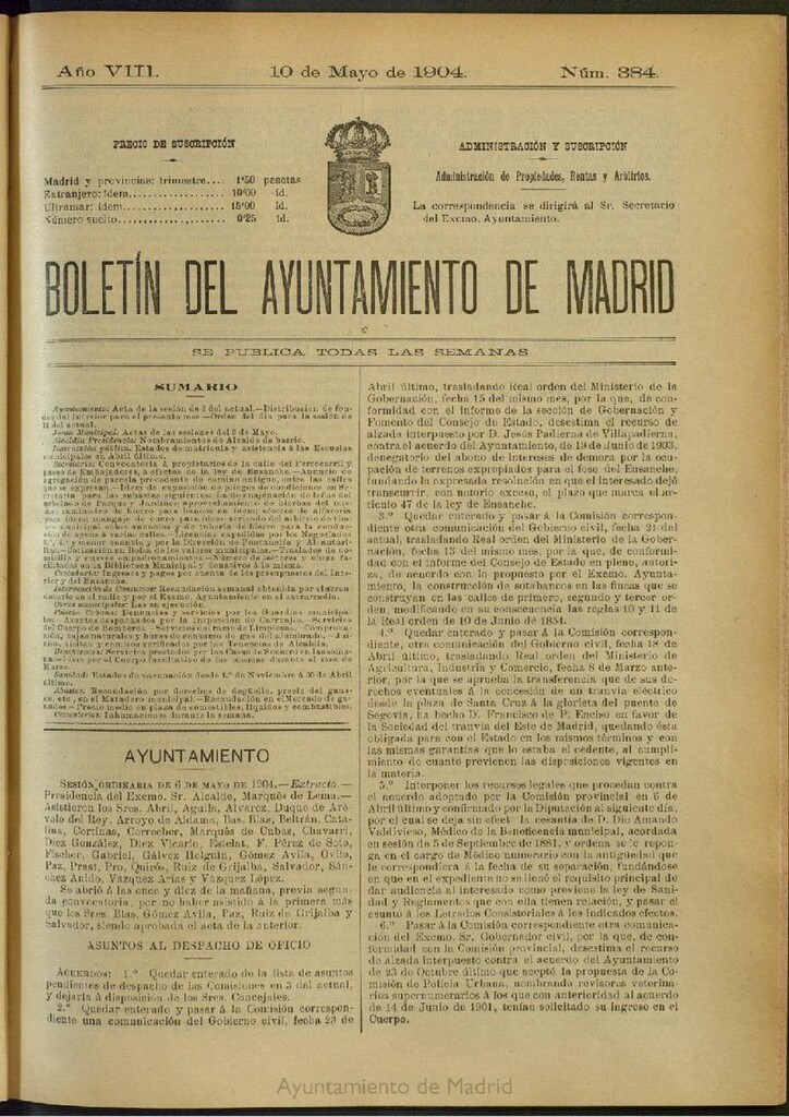 Miniatura de Boletín Oficial del Ayuntamiento de Madrid del 10 de mayo de 1904, nº 384