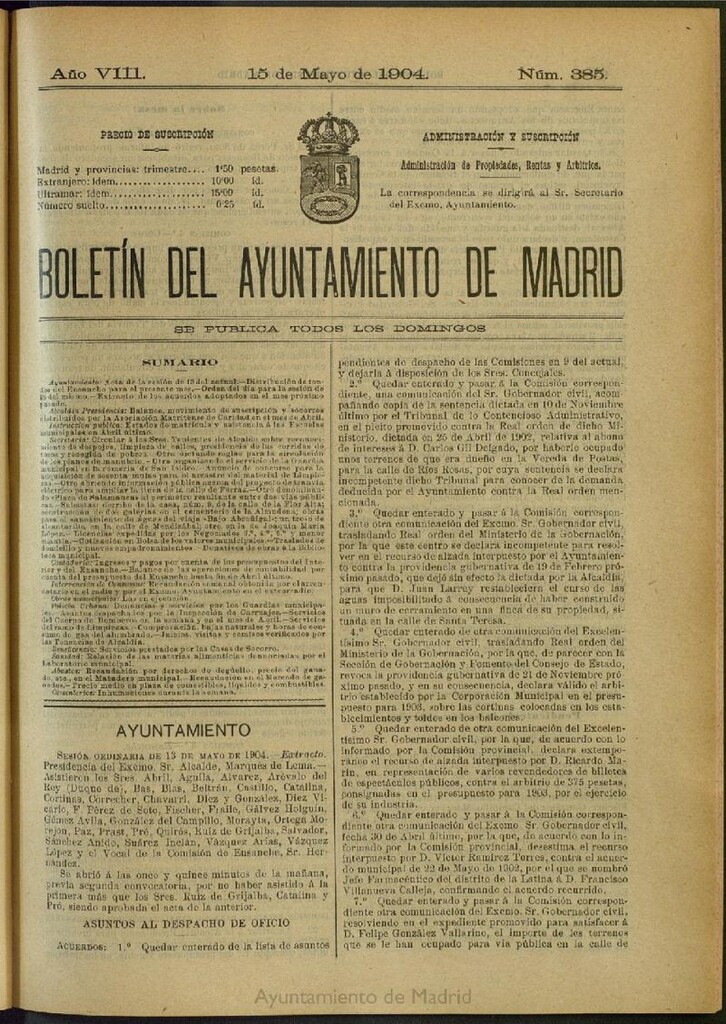 Miniatura de Boletín Oficial del Ayuntamiento de Madrid del 15 de mayo de 1904, nº 385