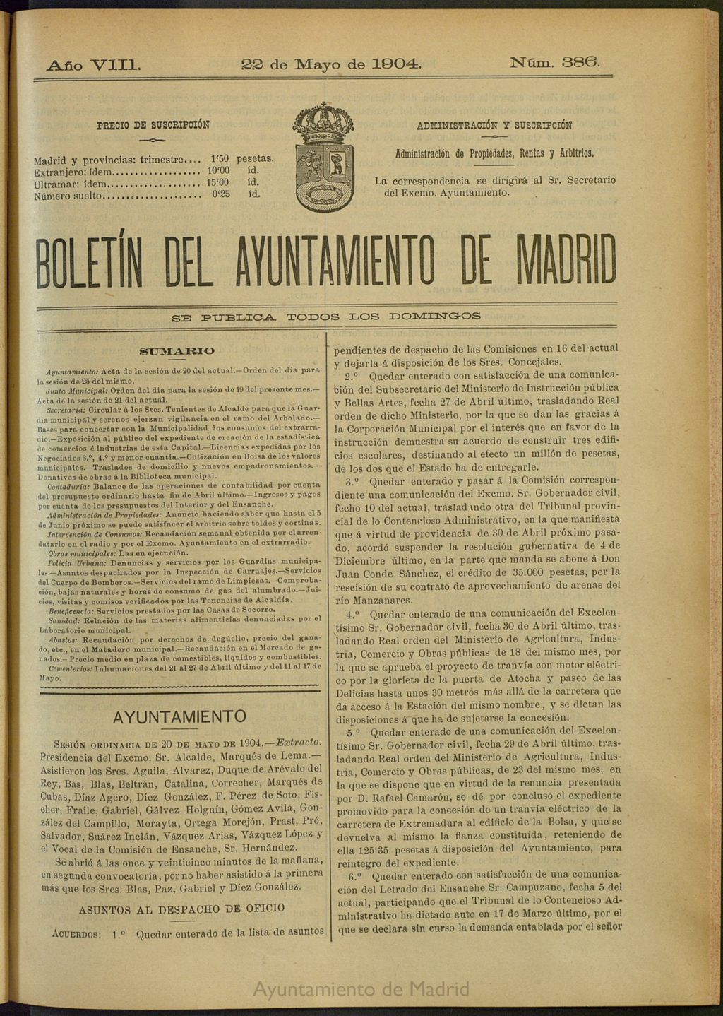 Miniatura de Boletín Oficial del Ayuntamiento de Madrid del 22 de mayo de 1904, nº 386