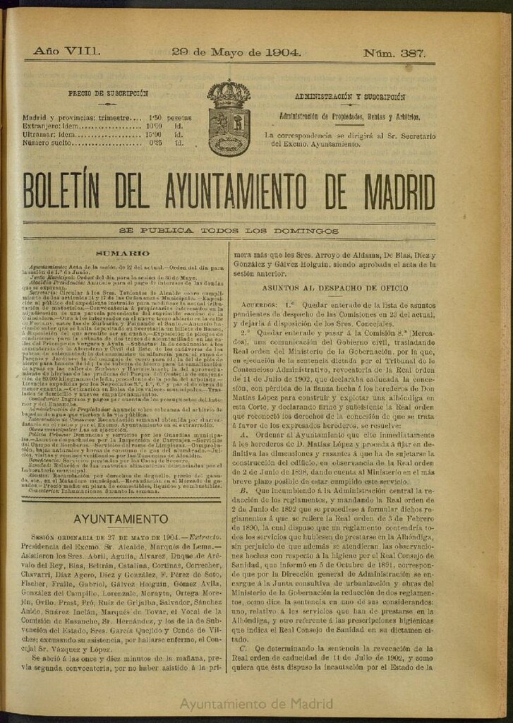Miniatura de Boletín Oficial del Ayuntamiento de Madrid del 29 de mayo de 1904, nº 387