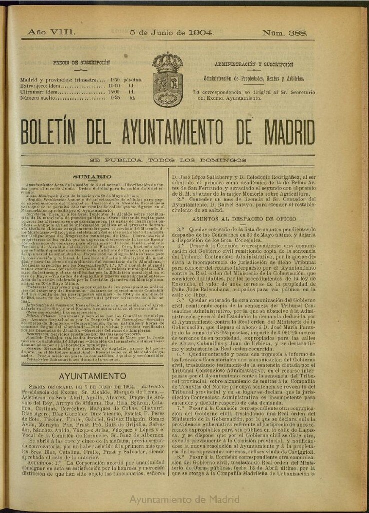 Miniatura de Boletín Oficial del Ayuntamiento de Madrid del 5 de junio de 1904, nº 388