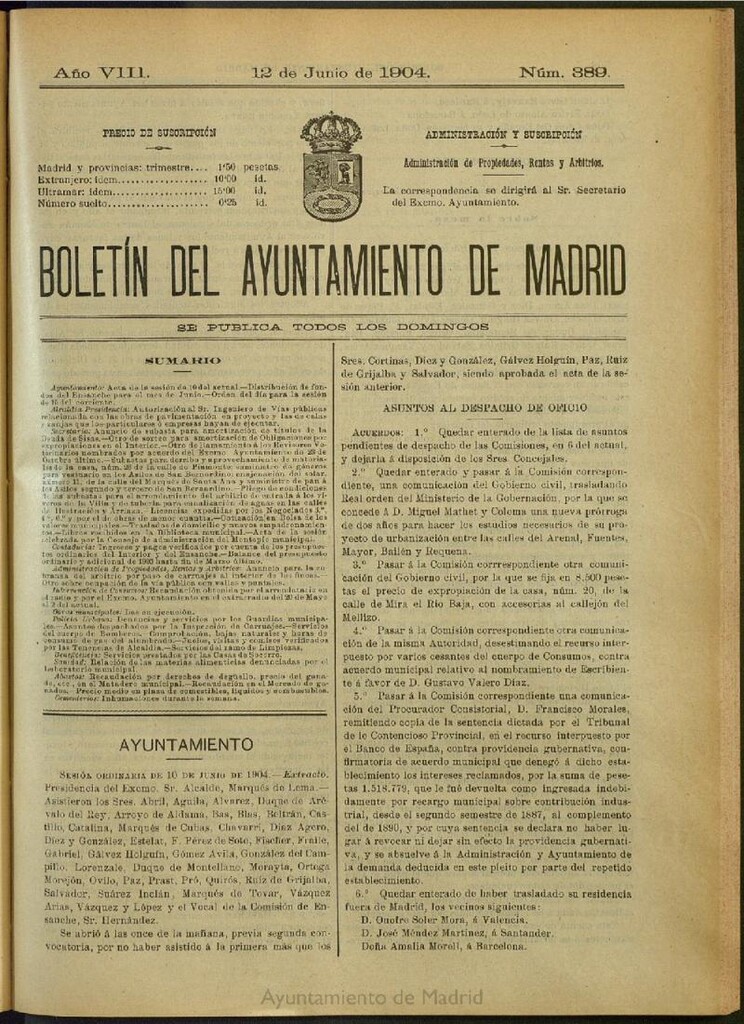 Miniatura de Boletín Oficial del Ayuntamiento de Madrid del 12 de junio de 1904, nº 389