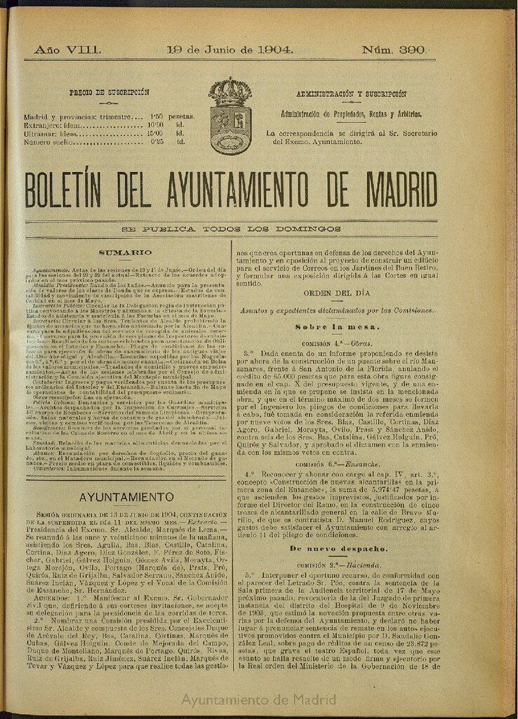 Miniatura de Boletín Oficial del Ayuntamiento de Madrid del 19 de junio de 1904, nº 390