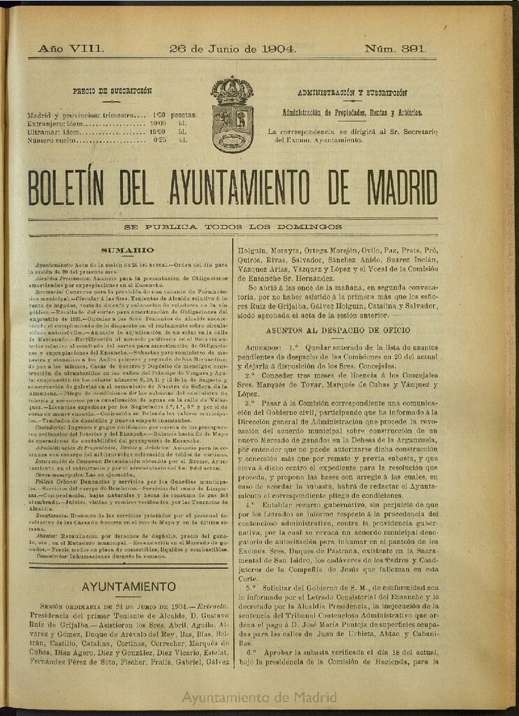 Miniatura de Boletín Oficial del Ayuntamiento de Madrid del 26 de junio de 1904, nº 391