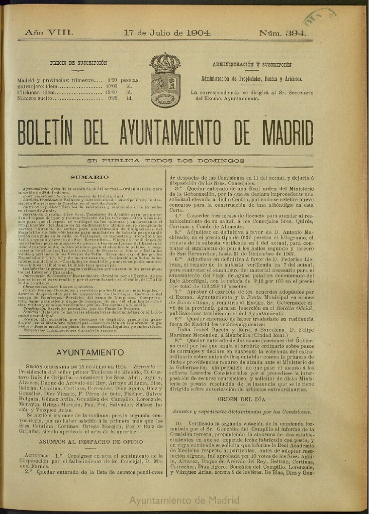 Miniatura de Boletín Oficial del Ayuntamiento de Madrid del 17 de julio de 1904, nº 394