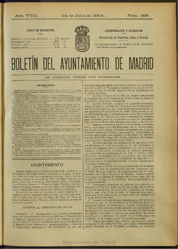 Miniatura de Boletín Oficial del Ayuntamiento de Madrid del 24 de julio de 1904, nº 395