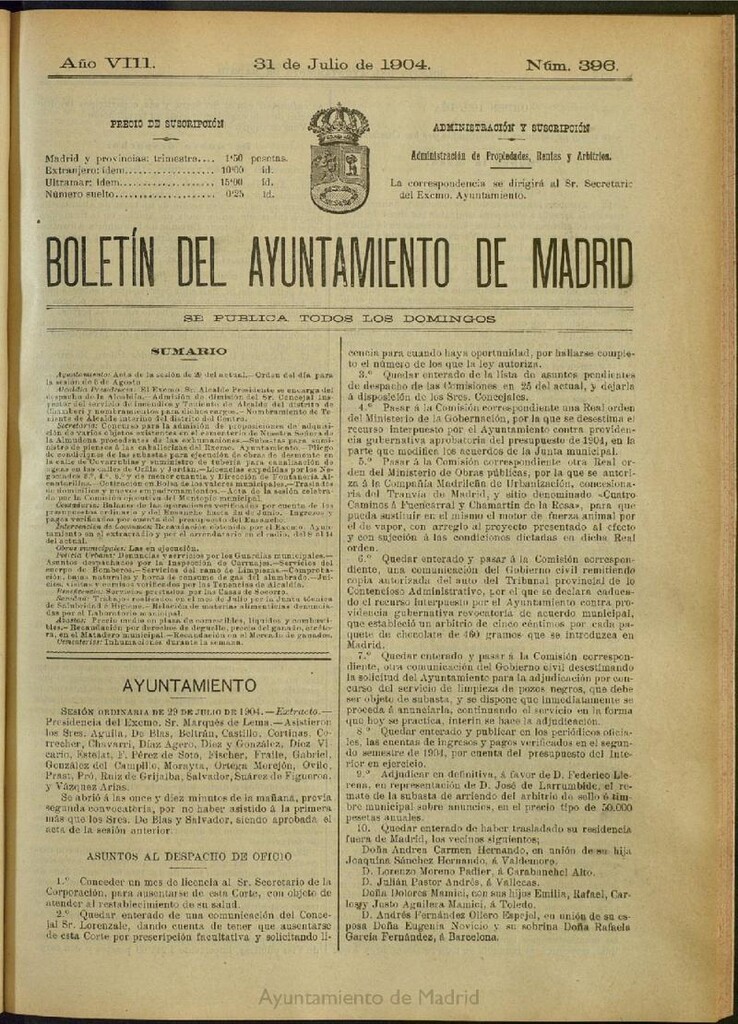 Miniatura de Boletín Oficial del Ayuntamiento de Madrid del 31 de julio de 1904, nº 396