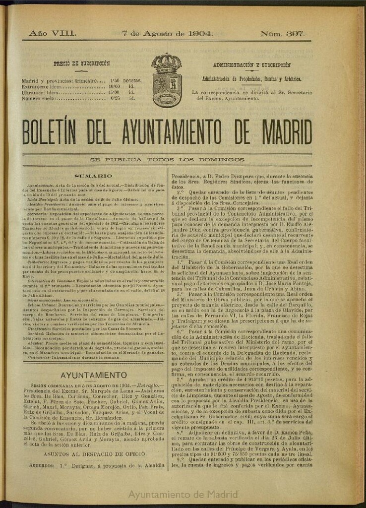 Miniatura de Boletín Oficial del Ayuntamiento de Madrid del 7 de agosto de 1904, nº 397