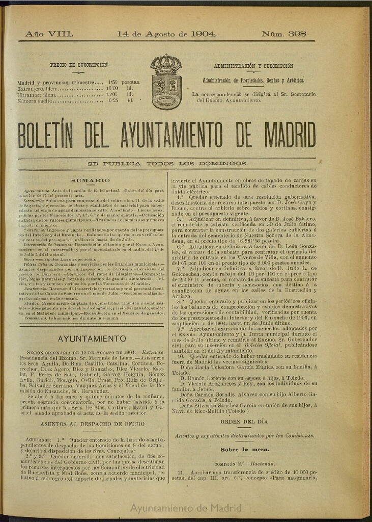Miniatura de Boletín Oficial del Ayuntamiento de Madrid del 14 de agosto de 1904, nº 398