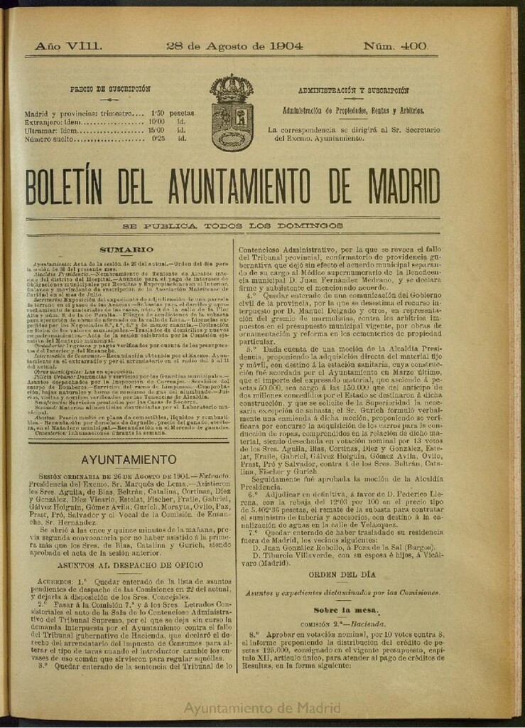 Miniatura de Boletín Oficial del Ayuntamiento de Madrid del 28 de agosto de 1904, nº 400