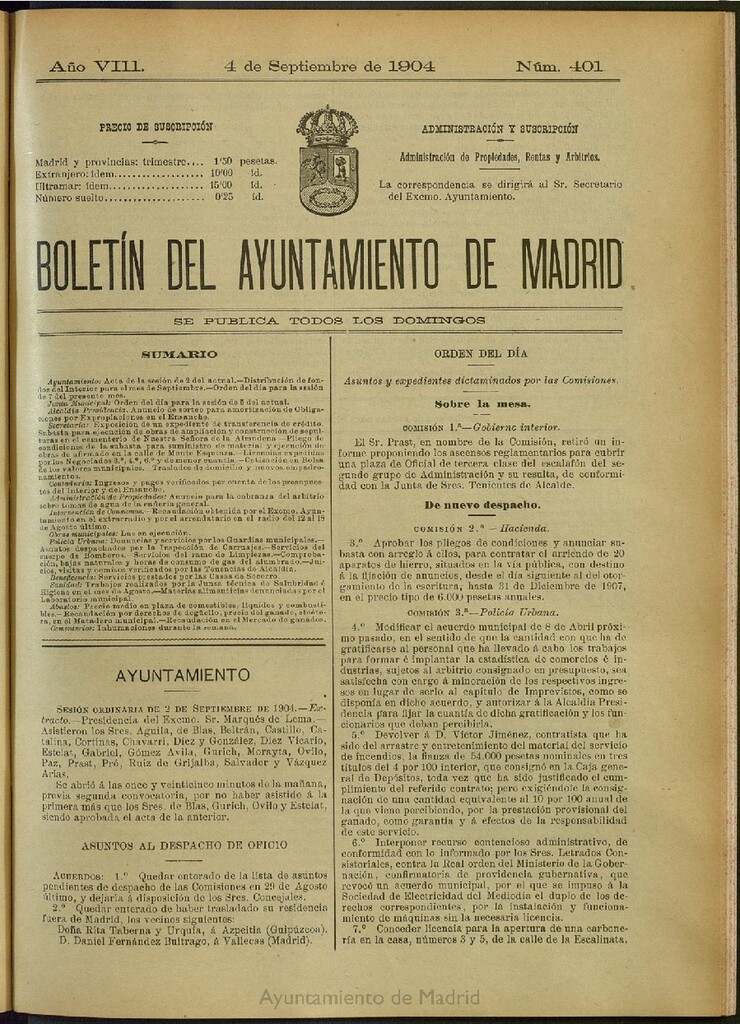 Miniatura de Boletín Oficial del Ayuntamiento de Madrid del 4 de septiembre de 1904, nº 401