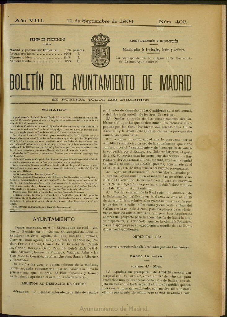 Miniatura de Boletín Oficial del Ayuntamiento de Madrid del 11 de septiembre de 1904, nº 402