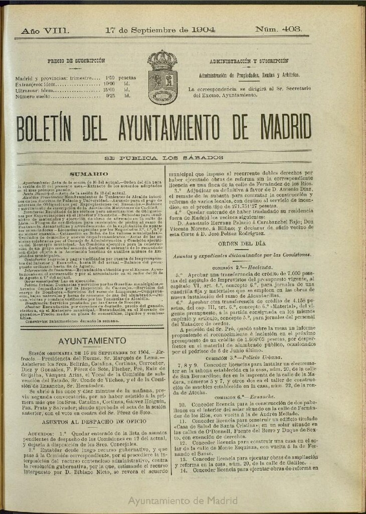 Miniatura de Boletín Oficial del Ayuntamiento de Madrid del 17 de septiembre de 1904, nº 403