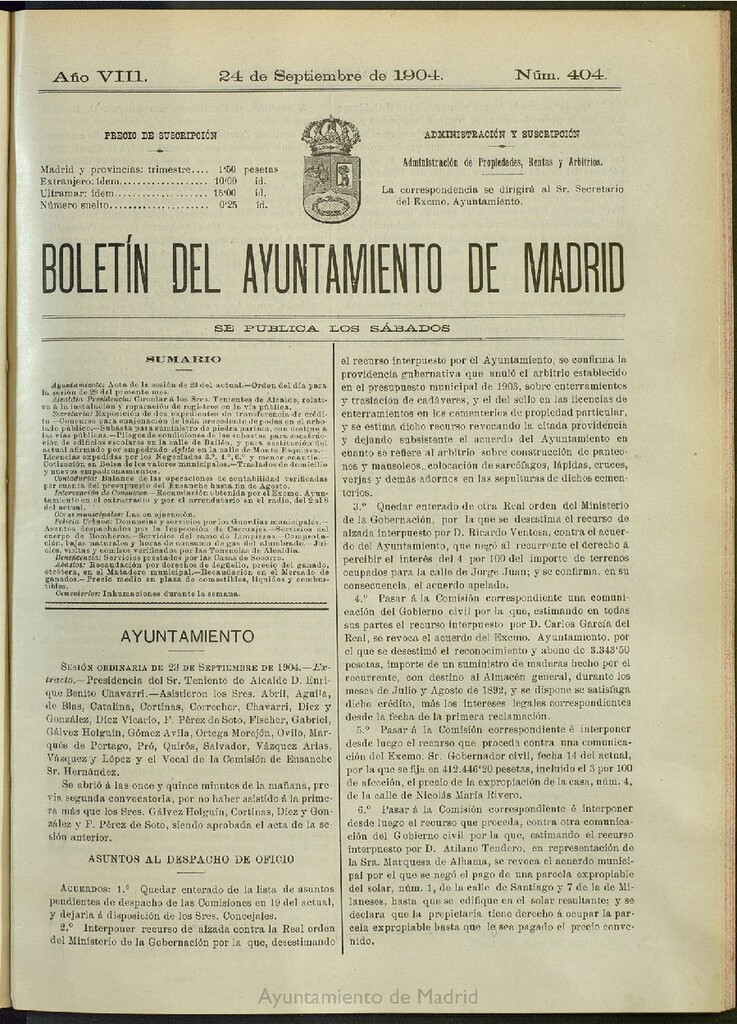 Miniatura de Boletín Oficial del Ayuntamiento de Madrid del 24 de septiembre de 1904, nº 404