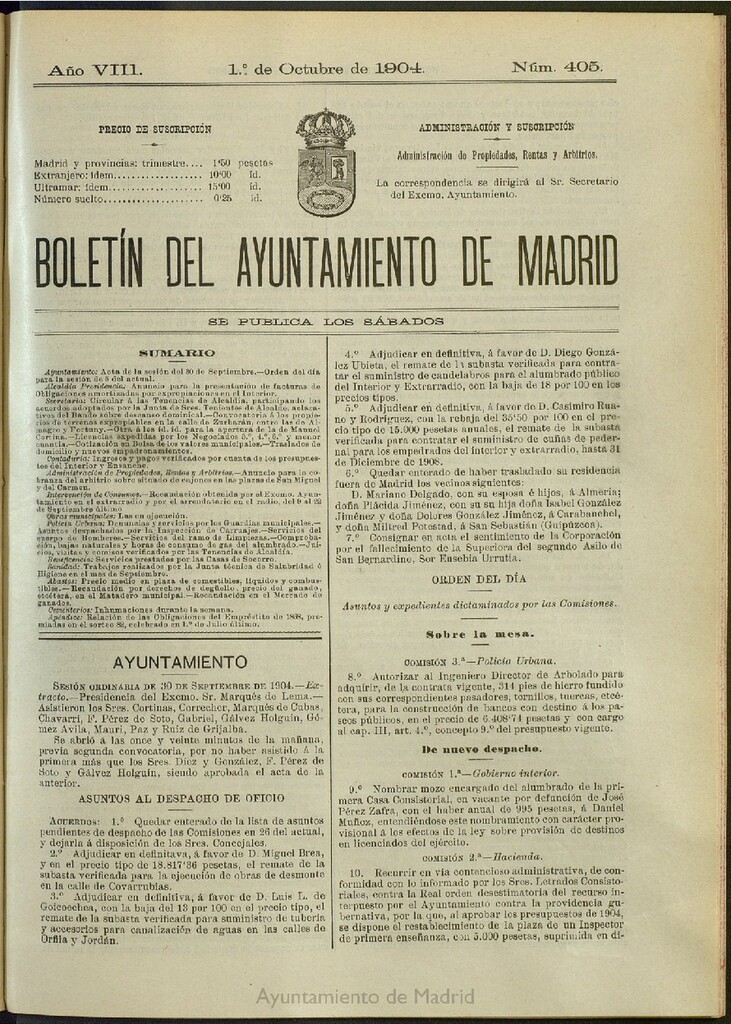 Miniatura de Boletín Oficial del Ayuntamiento de Madrid del 1 de octubre de 1904, nº 405