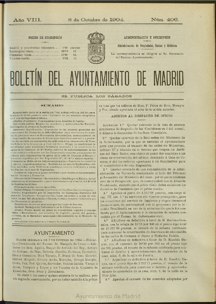Miniatura de Boletín Oficial del Ayuntamiento de Madrid del 8 de octubre de 1904, nº 406
