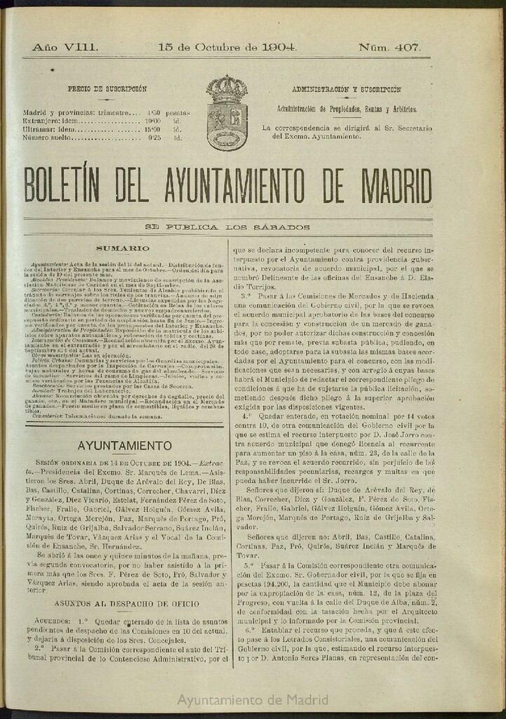 Miniatura de Boletín Oficial del Ayuntamiento de Madrid del 15 de octubre de 1904, nº 407