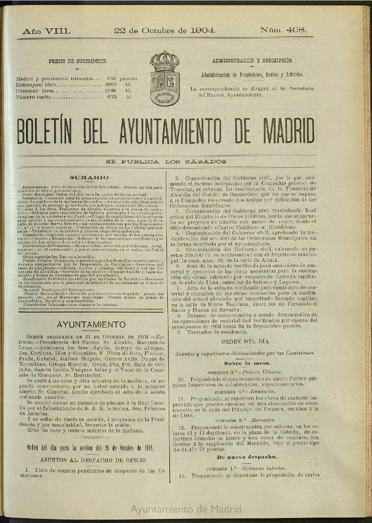 Miniatura de Boletín Oficial del Ayuntamiento de Madrid del 22 de octubre de 1904, nº 408