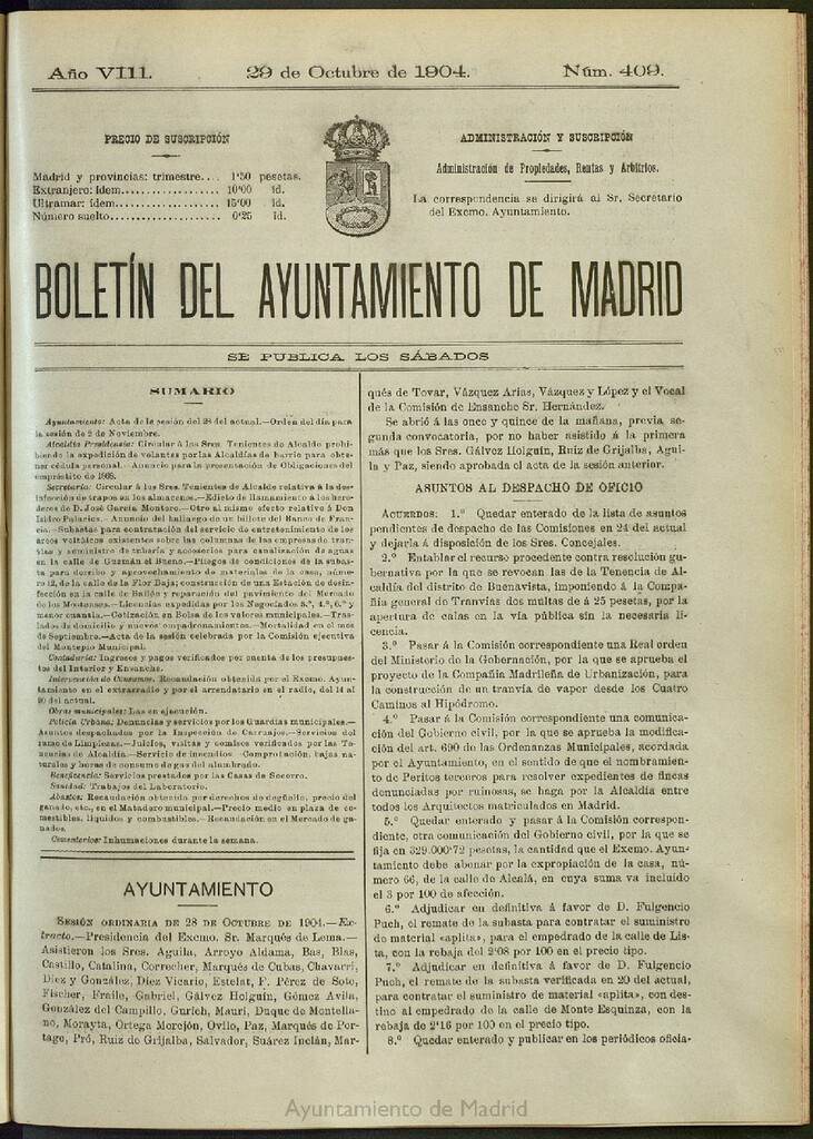 Miniatura de Boletín Oficial del Ayuntamiento de Madrid del 29 de octubre de 1904, nº 409