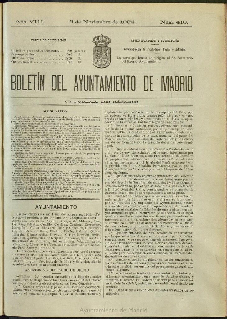 Miniatura de Boletín Oficial del Ayuntamiento de Madrid del 5 de noviembre de 1904, nº 410