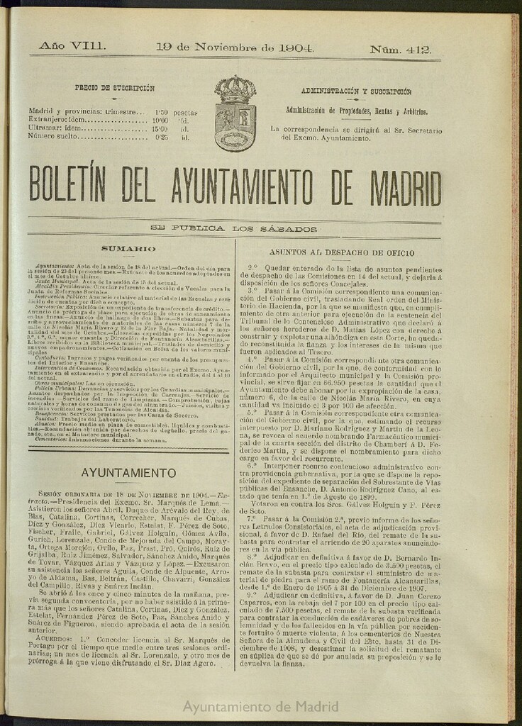 Miniatura de Boletín Oficial del Ayuntamiento de Madrid del 19 de noviembre de 1904, nº 412