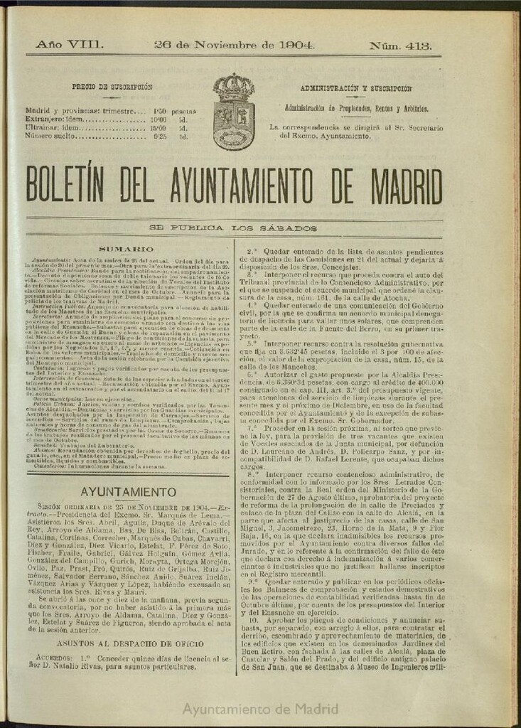 Miniatura de Boletín Oficial del Ayuntamiento de Madrid del 26 de noviembre de 1904, nº 413