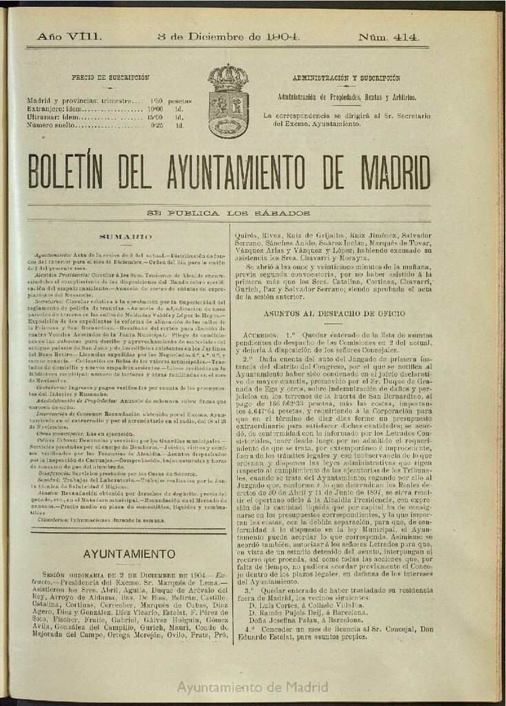 Miniatura de Boletín Oficial del Ayuntamiento de Madrid del 3 de diciembre de 1904, nº 414