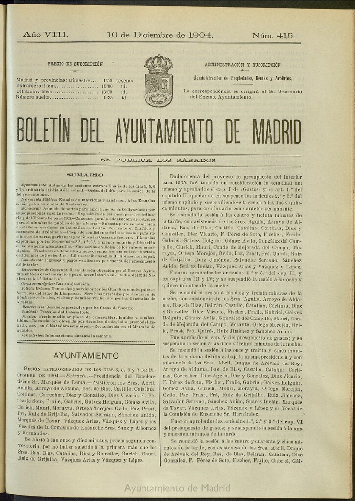 Miniatura de Boletín Oficial del Ayuntamiento de Madrid del 10 de diciembre de 1904, nº 415