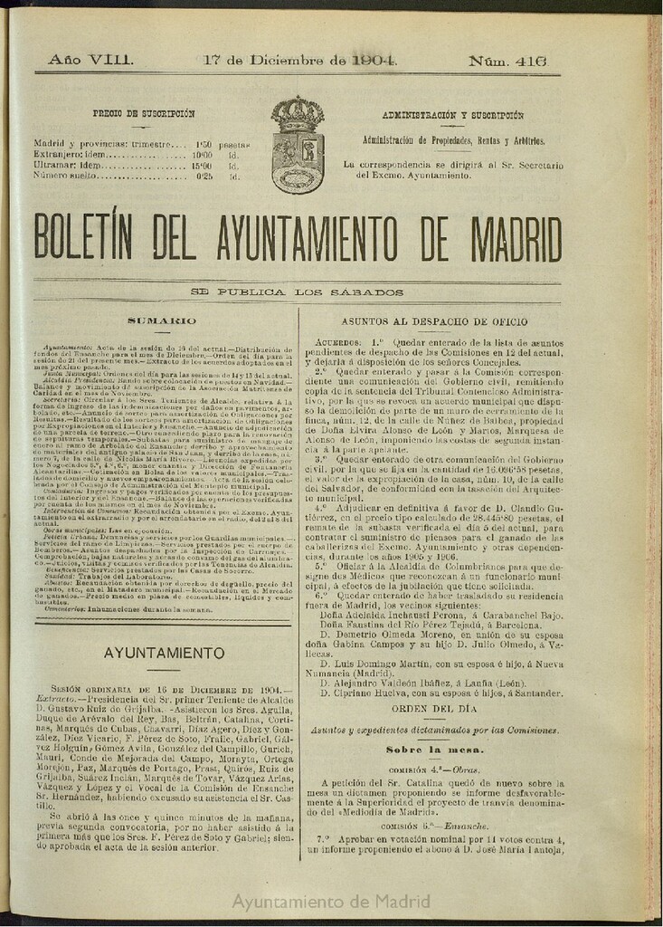 Miniatura de Boletín Oficial del Ayuntamiento de Madrid del 17 de diciembre de 1904, nº 416