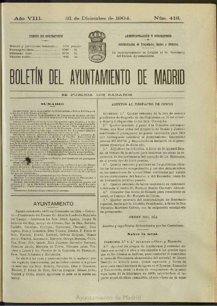 Miniatura de Boletín Oficial del Ayuntamiento de Madrid del 31 de diciembre de 1904, nº 418