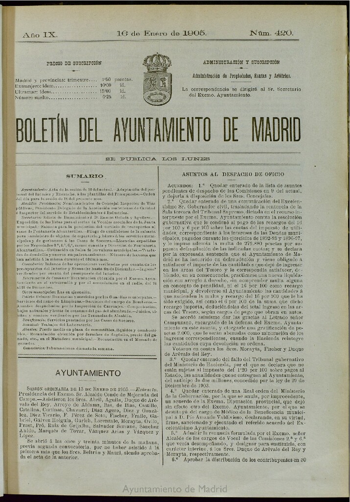 Miniatura de Boletín Oficial del Ayuntamiento de Madrid del 16 de enero de 1905, nº 420