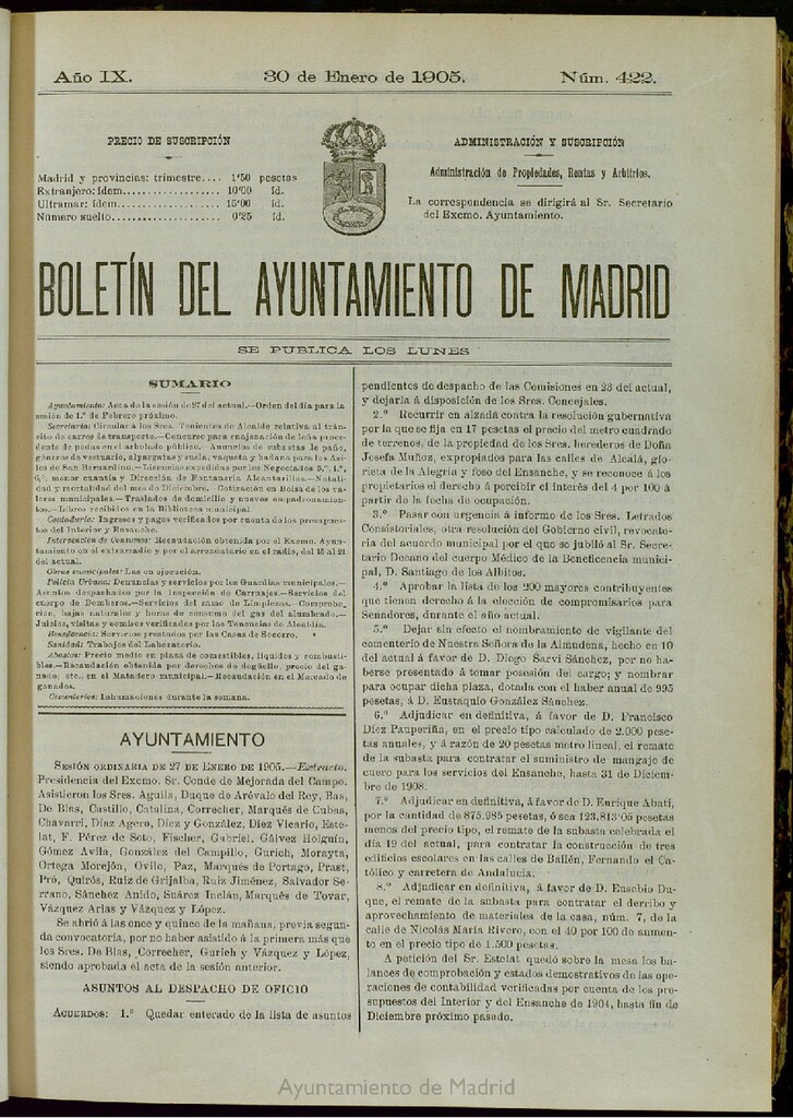 Miniatura de Boletín Oficial del Ayuntamiento de Madrid del 30 de enero de 1905, nº 422