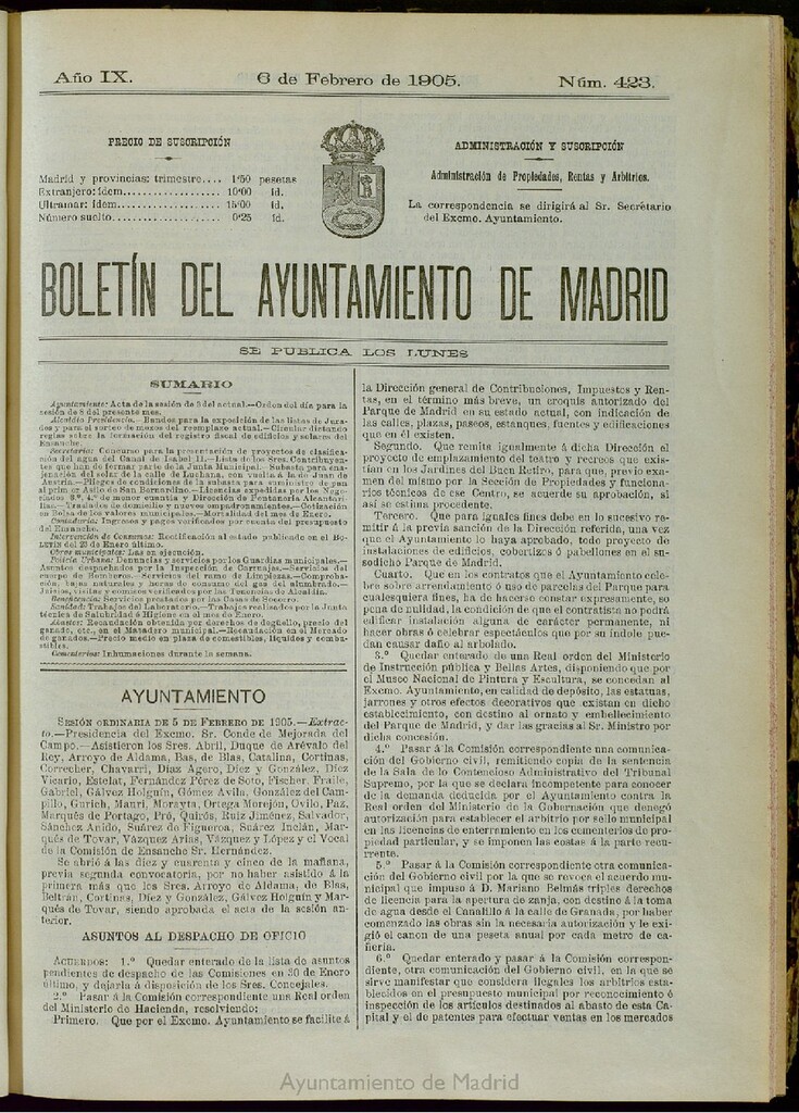 Miniatura de Boletín Oficial del Ayuntamiento de Madrid del 6 de febrero de 1905, nº 423