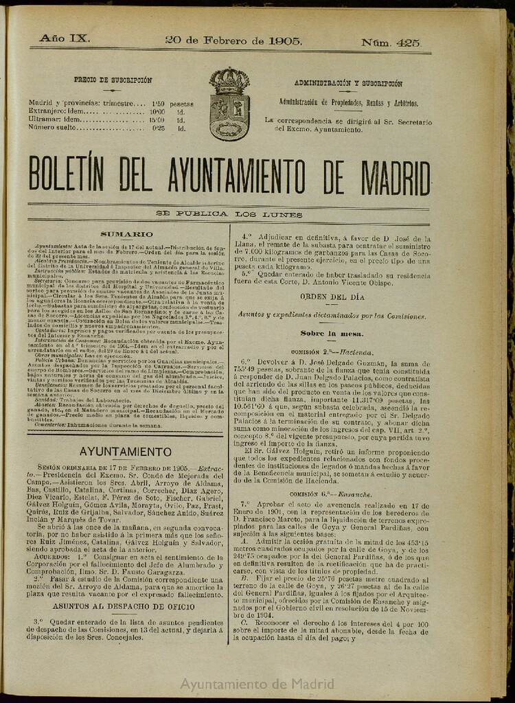 Miniatura de Boletín Oficial del Ayuntamiento de Madrid del 20 de febrero de 1905, nº 425