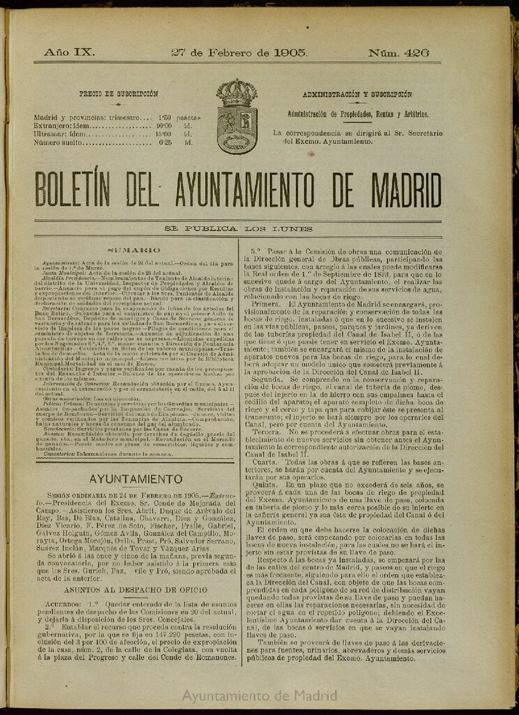 Miniatura de Boletín Oficial del Ayuntamiento de Madrid del 27 de febrero de 1905, nº 426