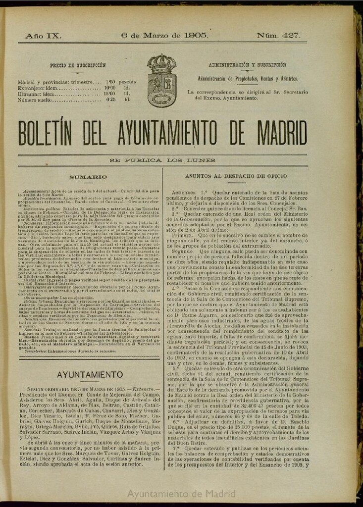 Miniatura de Boletín Oficial del Ayuntamiento de Madrid del 6 de marzo de 1905, nº 427