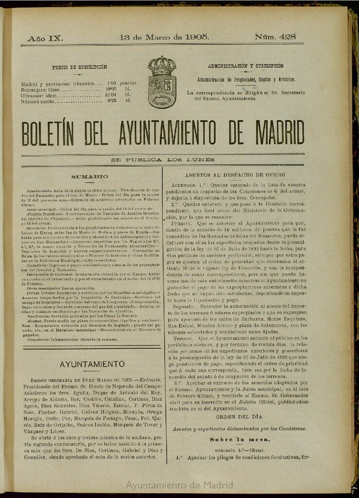 Miniatura de Boletín Oficial del Ayuntamiento de Madrid del 13 de marzo de 1905, nº 428