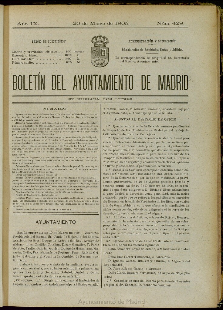 Miniatura de Boletín Oficial del Ayuntamiento de Madrid del 20 de marzo de 1905, nº 429