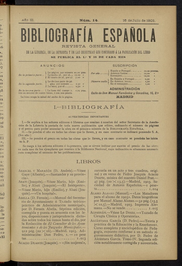 Miniatura de Bibliografía Española del 16 de julio de 1903