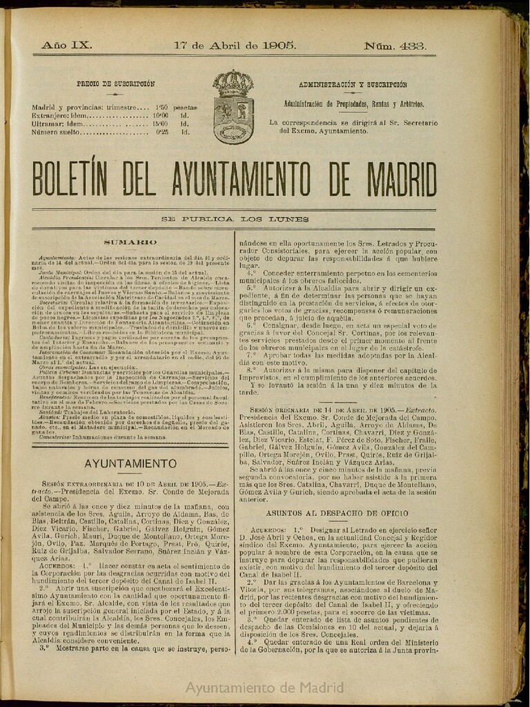 Miniatura de Boletín Oficial del Ayuntamiento de Madrid del 17 de abril de 1905, nº 433