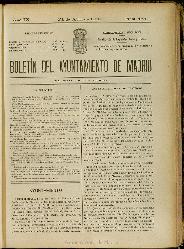 Miniatura de Boletín Oficial del Ayuntamiento de Madrid del 24 de abril de 1905, nº 434