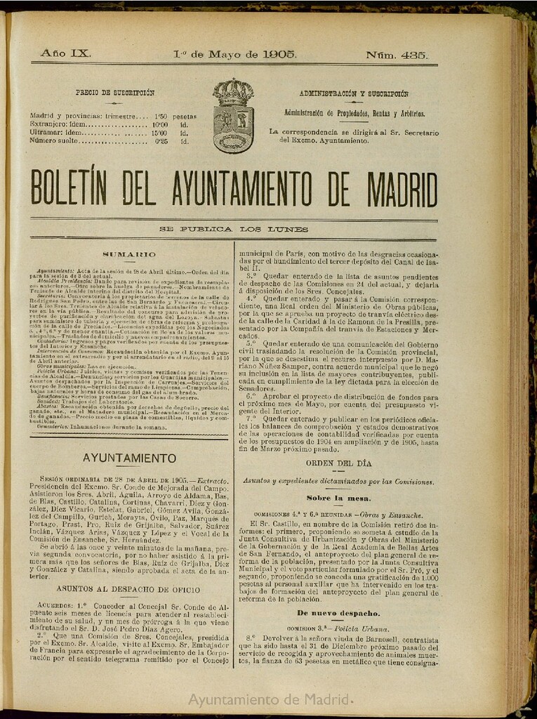 Miniatura de Boletín Oficial del Ayuntamiento de Madrid del 1 de mayo de 1905, nº 435