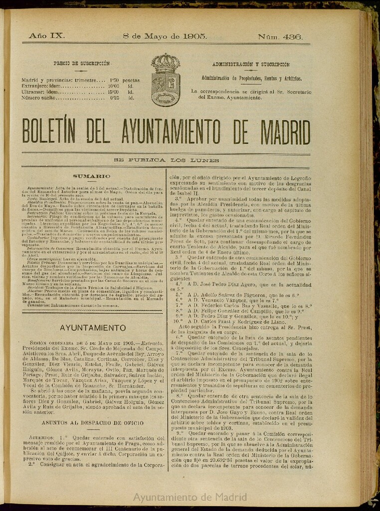 Miniatura de Boletín Oficial del Ayuntamiento de Madrid del 8 de mayo de 1905, nº 436