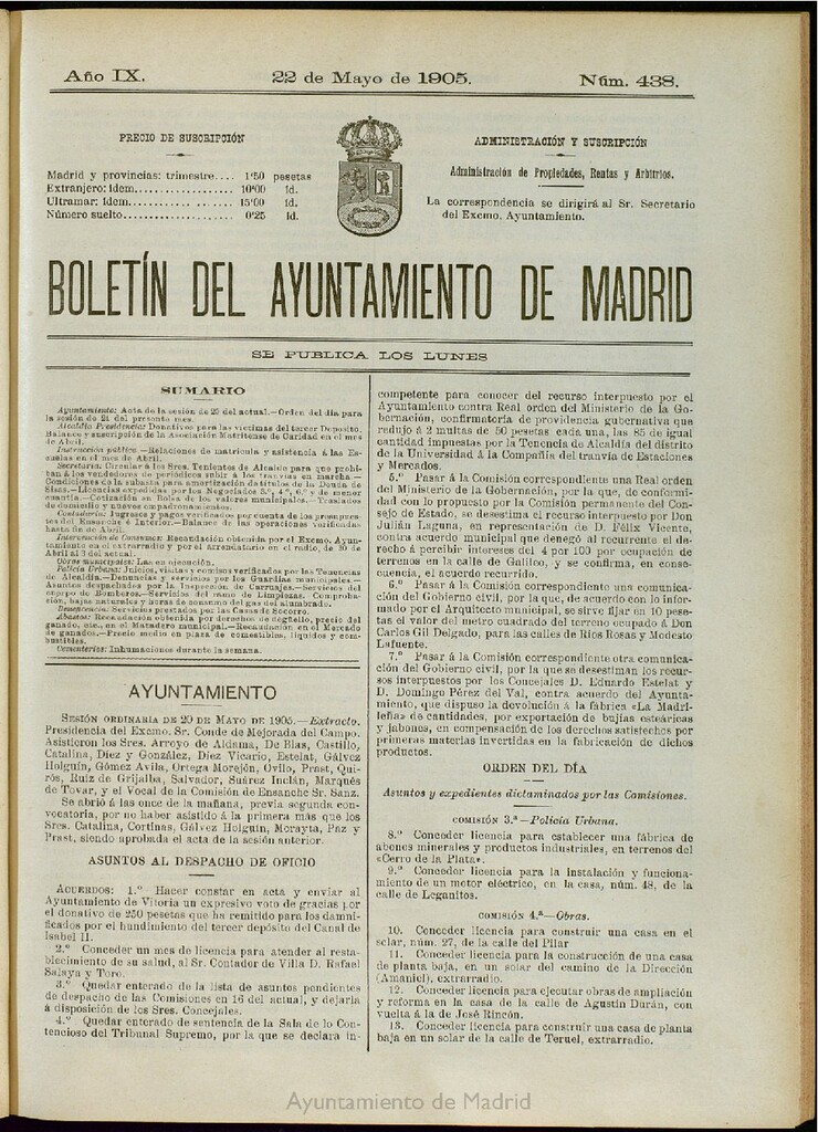Miniatura de Boletín Oficial del Ayuntamiento de Madrid del 22 de mayo de 1905, nº 438