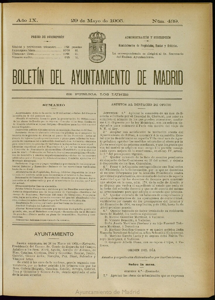 Miniatura de Boletín Oficial del Ayuntamiento de Madrid del 29 de mayo de 1905, nº 439