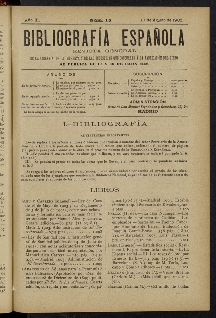 Miniatura de Bibliografía Española del 1 de agosto de 1903
